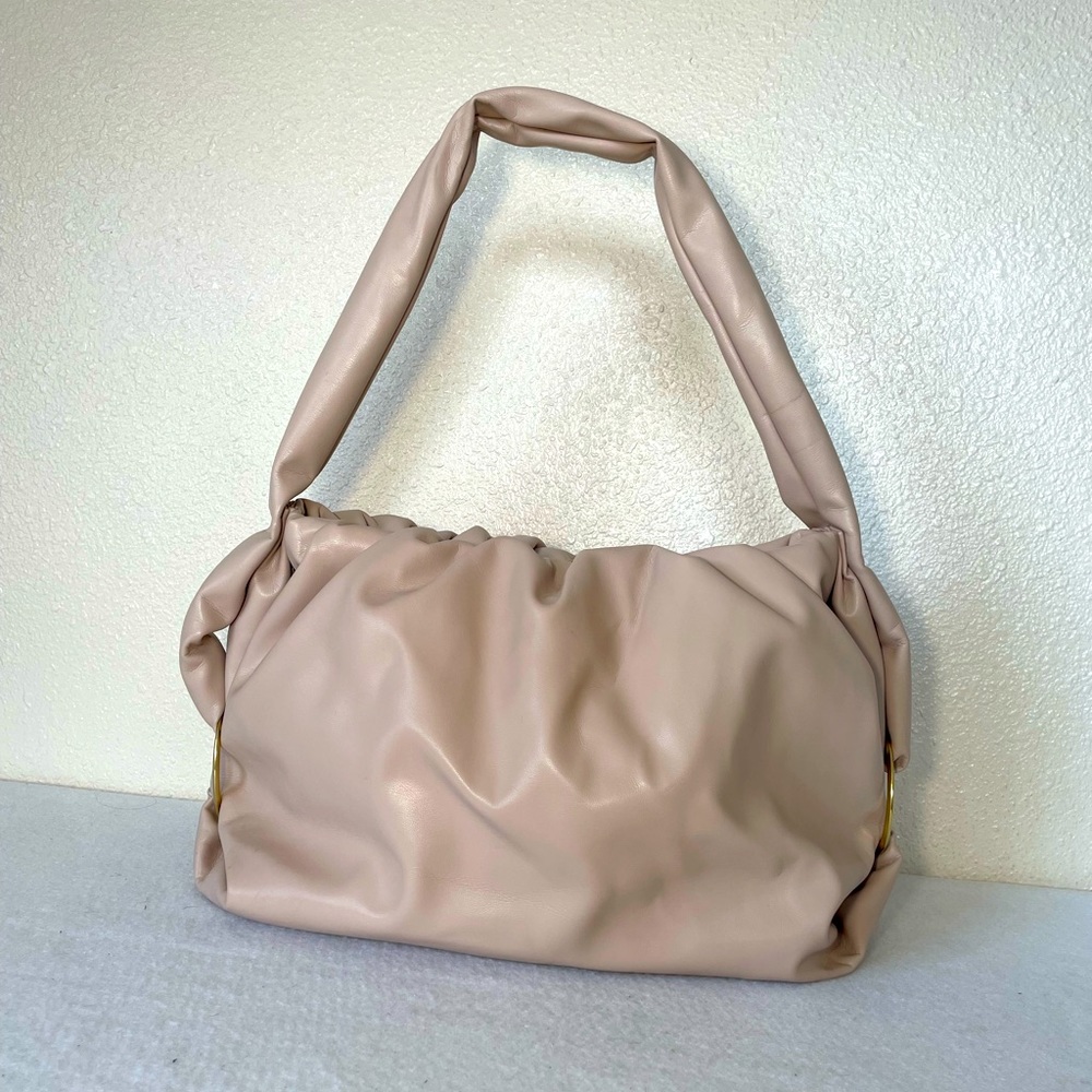 Soft Beige Puffer Shoulder Bag | Slouchy Faux Leather Tote | Gold Ring Detail